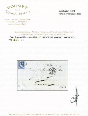 N° 14 20c bleu obl. cachet d'essai 1818 baton de Lyon