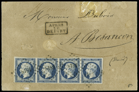 N° 15 25c bleu en bande de 4 décollée pour examen,
