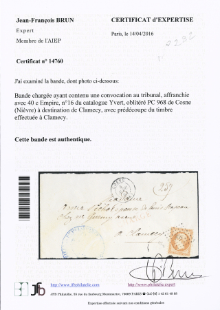 N° 16 40c orange vif PIQUAGE DE CLAMECY sur bande