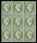 N° 19 1c vert-olive, bloc de 9 reconstitué comprenant