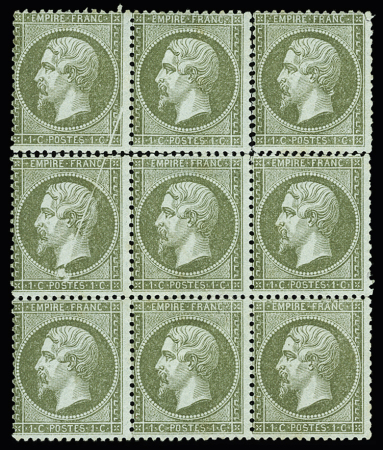 N° 19 1c vert-olive, bloc de 9 reconstitué comprenant