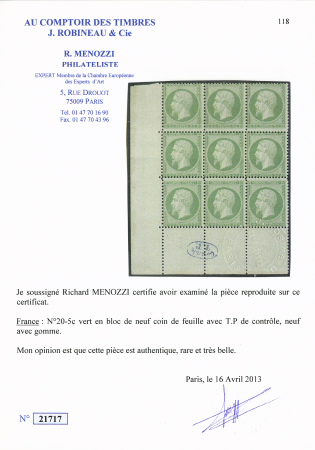 N° 20 5c vert en bloc de 9 cdf avec "Controle TP"