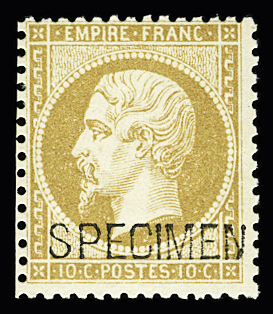 N° 21c 10c bistre surchargé SPECIMEN, infime trace
