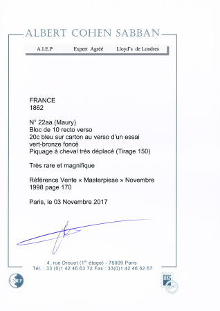 N° 22 20c bleu en bloc de 10 variété piquage très