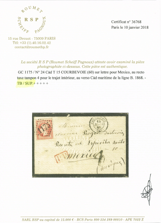 N° 24 80c rose obl. GC 1175 sur lettre de Courbevoie