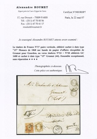 France n° 27 4c Lauré en paire obl. càd Monaco 26.01.1868