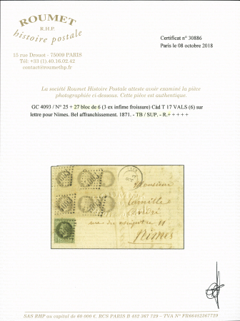 N° 25+27 en bloc de 6 sur lettre de Vals (Ariège)