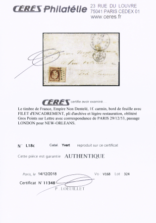 N° 1F carmin avec filet d'encadrement, réparé, sur