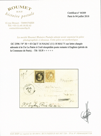 N° 30 +43 sur lettre chargée de Najac (Aveyron) 18
