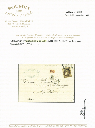 N° 47e 30c brun, variété "R relié au cadre", sur