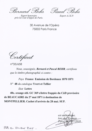 n° 48 sur lettre avec cachet provisoire de Beaucaire