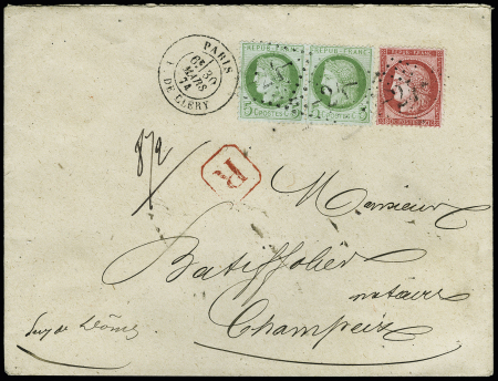 N° 53 (x2) +57 sur lettre recommandée de Paris 1874,