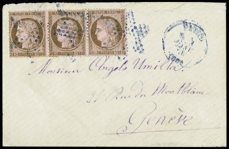 Etoile bleue sur N°54 en bande de trois sur lettre