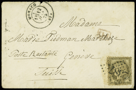FRANCE N° 56 obl. GC 2387 sur lettre de Monaco 1875