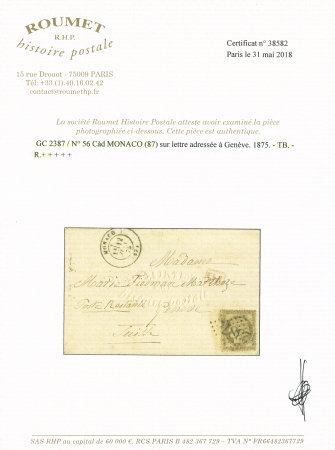 FRANCE N° 56 obl. GC 2387 sur lettre de Monaco 1875