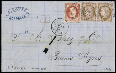 LIGNE J càd sur lettre de Bordeaux 1874 pour Buenos-Ayres