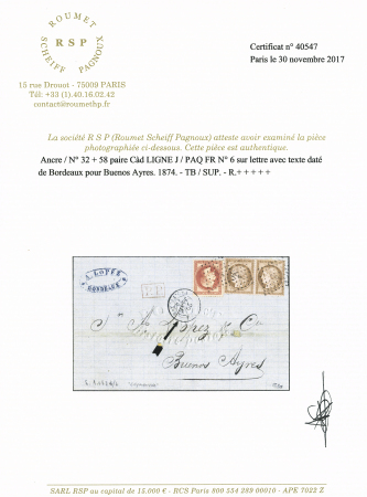 LIGNE J càd sur lettre de Bordeaux 1874 pour Buenos-Ayres