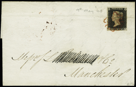 1d Black, letters LG with red MC, rare third day of issue usage from GLASGOW MY 9 1840