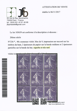 N° 236 40c violet, bloc de 9, impression sur raccord