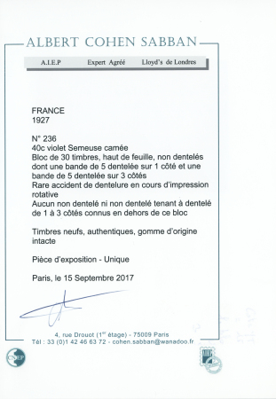 N° 236 40c violet, bloc de 30 timbres, haut de feuille,