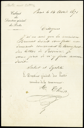 Texte daté de Paris le 14 avril 1871 avec en-tête