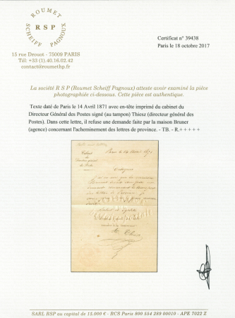 Texte daté de Paris le 14 avril 1871 avec en-tête