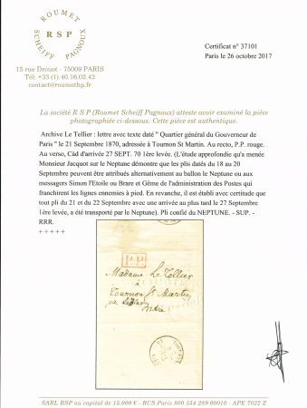 PLI CONFIE DU NEPTUNELettre avec texte daté "Quartier