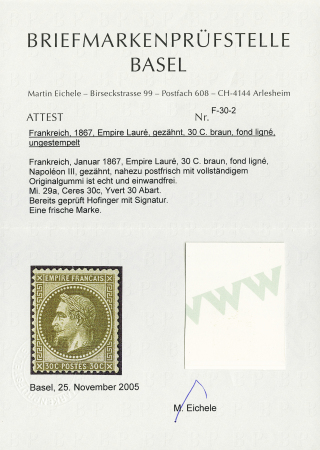 N° 30h 30c Lauré avec fond ligné, neuf gomme non