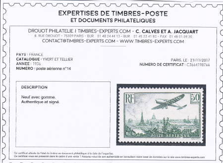 N° 14 50F vert-jaune Avion survolant Paris, TB. Signé