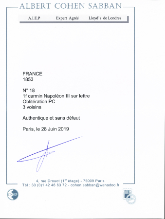 N° 18 1F carmin, 4 grandes marges dont 3 voisins,