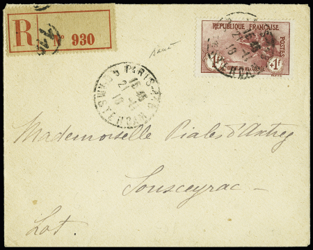 N° 154 1F +1F sur env. recommandée de Paris 1918,