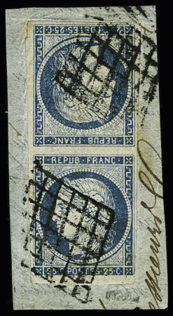 N° 4c 25c bleu en paire TETE-BECHE verticale obl.