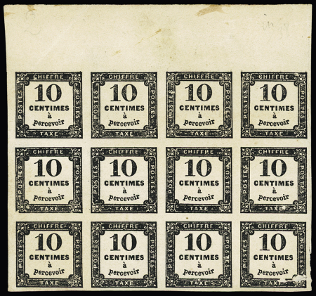 Taxe 2 en bloc de 12 bdf, deux timbres pd sinon TB,