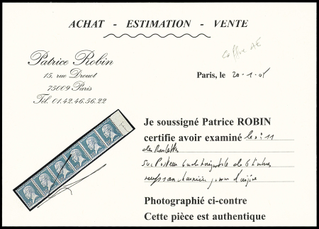 N° 11 50c Pasteur en bande horizontale de six bdf, très