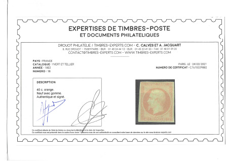 N°16 40c orange, neuf avec gomme d'origine, TB, R.