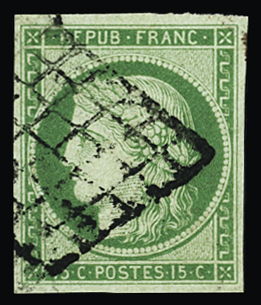N° 2 15c vert, obl. grille, TB. Signé Baudot, Calves