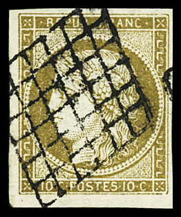 N° 1b 10c bistre-verdâtre, obl grille, belles marges,