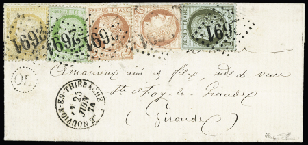 N° 50 +51 (x2) +53 +59 obl GC 2691 sur lettre de Nouvion-en-Thierache (Aisne) 1874 + OL perlé, arr, TTB, R. Signé Calves et Goebel