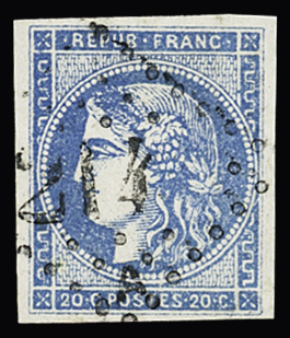 N° 45Cb 20c bleu outremer obl. GC propre, TTB. Signé
