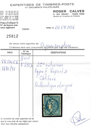 N° 45Cb 20c bleu outremer obl. GC propre, TTB. Signé