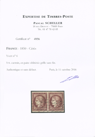 N° 6 1F carmin en paire obl. grille sans fin et càd
