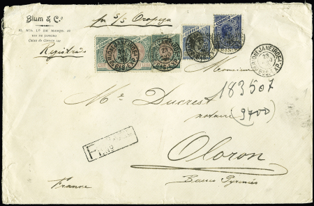 1905 Registered cover to France franked 1000R (x3)