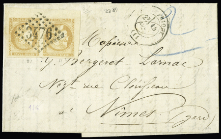 N° 43B 10c bistre-jaune en paire coin de feuille obl.