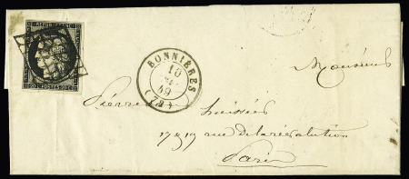 n° 3 obl. grille sur lettre de Bonnières (Seine et