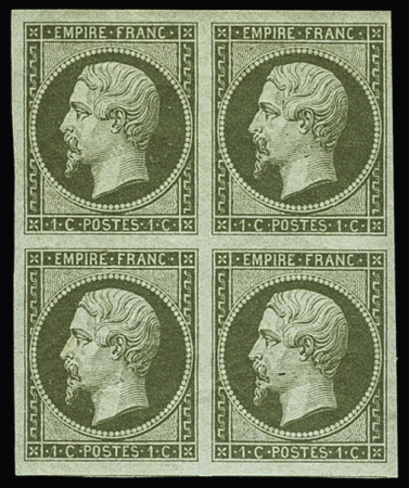 N°11 1c vert-olive, en bloc de 4, 3 timbres luxe et