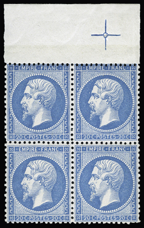 N° 22 20c bleu, en bloc de 4 avec bdf. et croix de