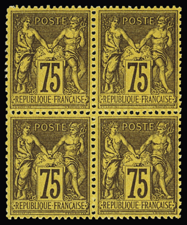 N°99a  75c violet s. jaune, Type II, en bloc de 4,