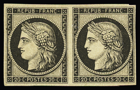 N°3f 20c noir, réimpression 1862, en paire charnière
