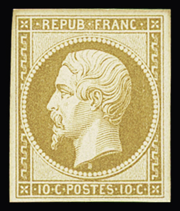 N°9c 10c bistre-jaune, réimpression 1862, neuf.