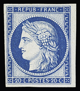 N° 8f 20c bleu s. jaunâtre, réimpression 1862, neuf